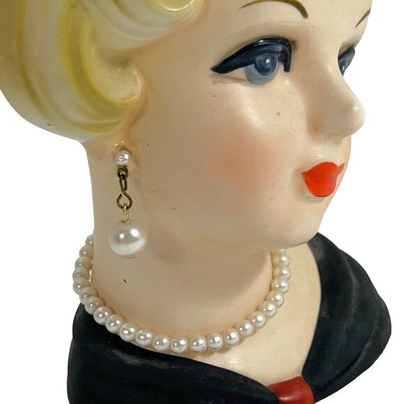 Vintage Inarco Head Vase Blonde Pearl Earrings Necklace E5622 - Picture 7 of 15